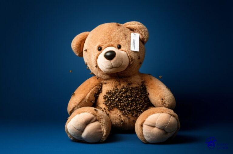 Un oso de peluche gigante, con la etiqueta de precio aún pegada, siendo atacado por un enjambre de abejas furiosas. Representa: Problemas por uso no autorizado de imagen comercial