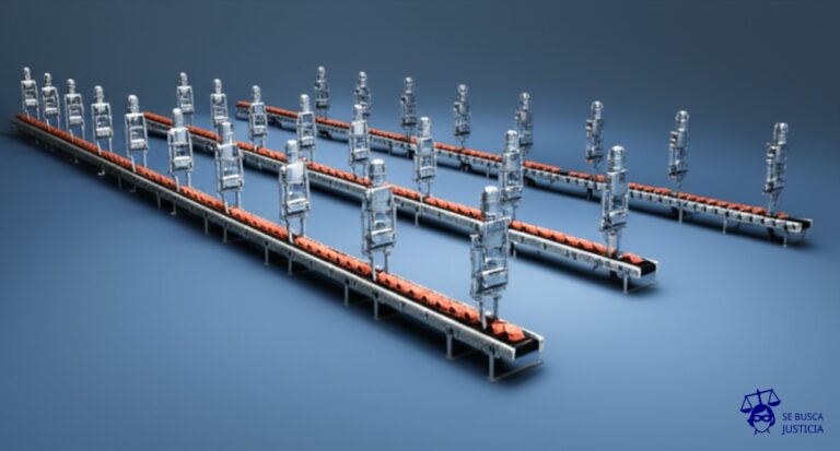 Una fila interminable de robots idénticos, cada uno con una cinta transportadora que entra por la boca y sale por el trasero, donde se apilan ladrillos perfectos. Representa: Procesamiento automatizado de datos sin intervención humana