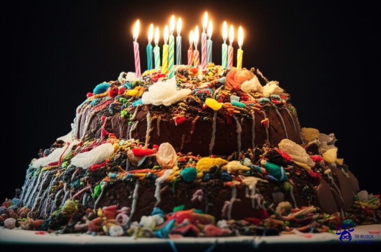 Un pastel de cumpleaños gigante, con velas encendidas, pero en lugar de glaseado y decoraciones, está cubierto de basura desbordante. Representa: Proliferación de basurales a cielo abierto