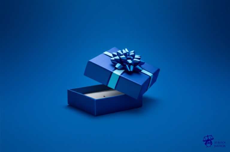 Una pequeña caja de regalo, lujosamente envuelta con un gran lazo brillante. Al abrirla, solo contiene un diminuto grano de arena. Representa: Promociones con letra chica abusiva