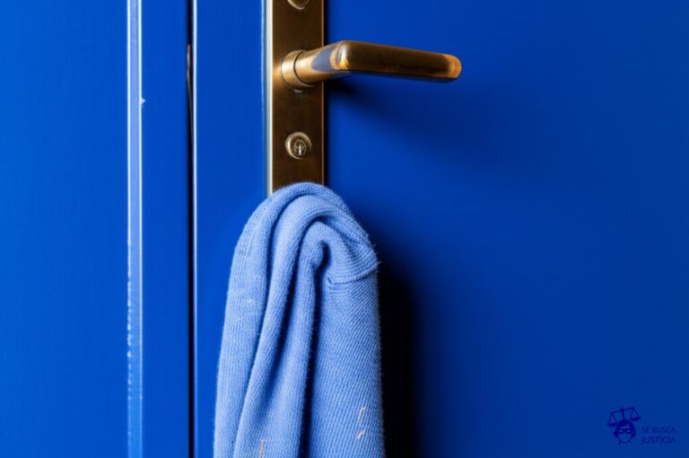 Un calcetín sucio asomándose por la cerradura de una puerta impecable y cerrada. Representa: Propietario ingresa sin permiso del inquilino