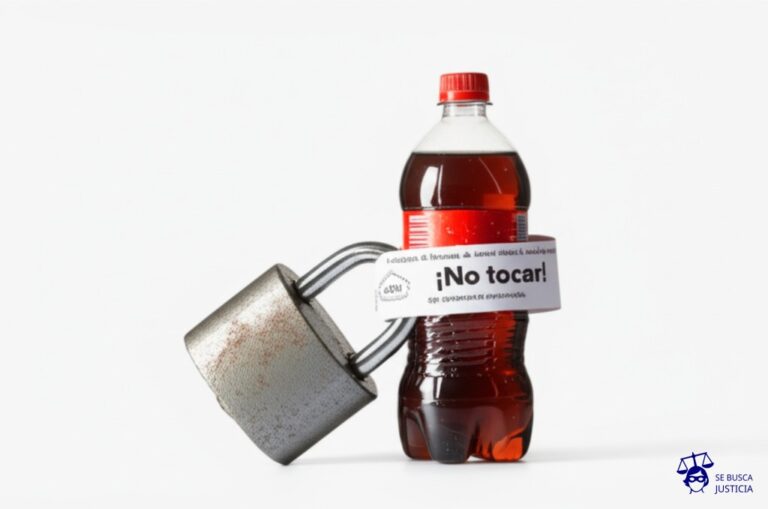 Un candado gigante, oxidado y con una etiqueta que dice ¡No tocar!, asegurando una botella de refresco genérica. Representa: Protección de fórmulas de alimentos o bebidas como secretos comerciales