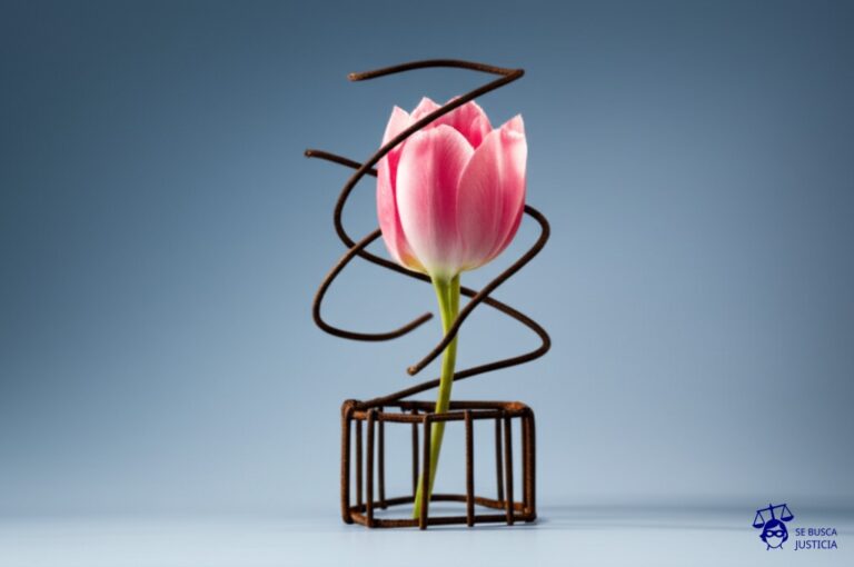 Un pequeño y delicado capullo de flor, encerrado en una jaula oxidada y torcida. Representa: Protección de invenciones biotecnológicas bajo la ley de patentes argentina