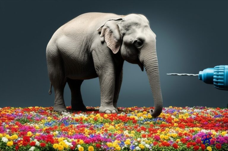 Un gran elefante ciego con un taladro gigante perforando un jardín de flores. Representa: Proyectos energéticos que alteran ecosistemas sin evaluación previa