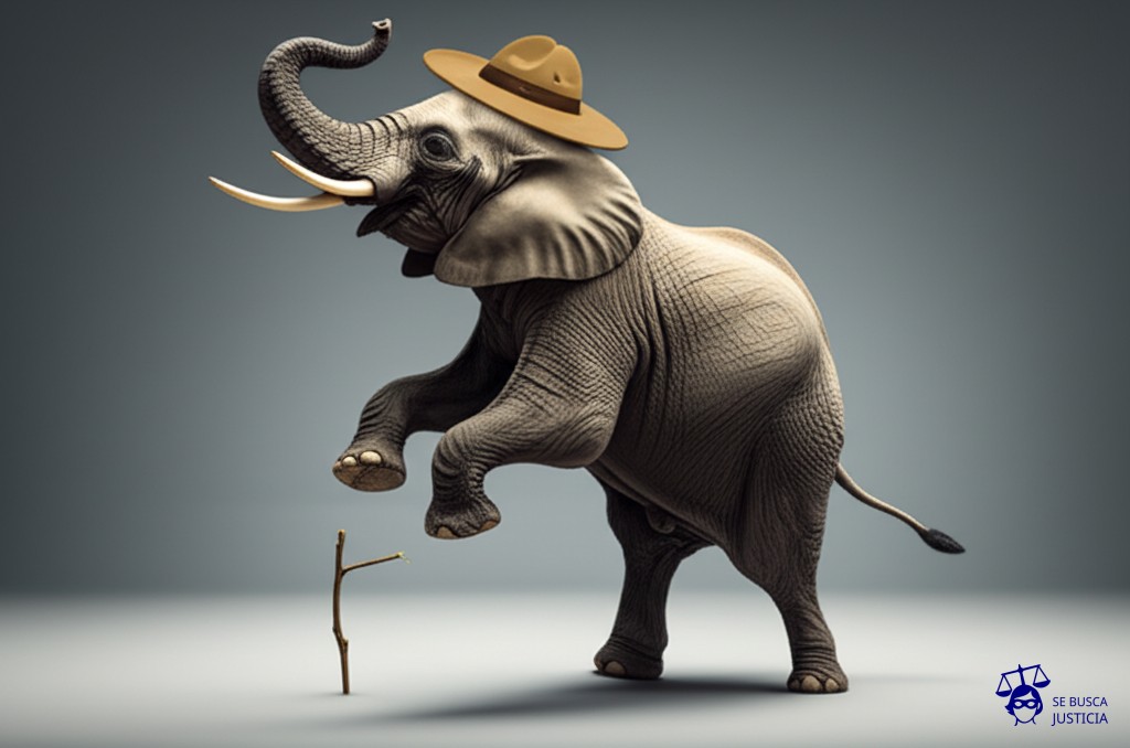 Un elefante corpulento, con un sombrero de explorador, baila torpemente sobre una ramita muy fina, a punto de romperse. Representa: Proyectos turísticos que afectan áreas naturales frágiles