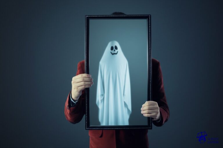 Un **espejo** con una imagen reflejada de un **fantasma** en lugar de la persona que lo sostiene. Representa: Publicación de artículos científicos sin atribución al verdadero autor