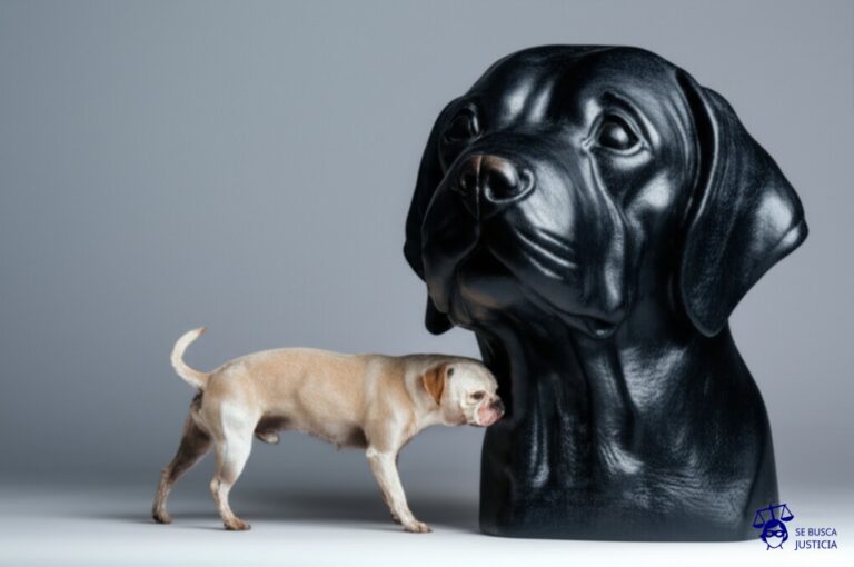 Un perro pequeño (la marca que se publicita) orinando sobre una enorme estatua de un perro más grande (la marca competidora). Representa: Publicidad comparativa desleal usando marcas de la competencia