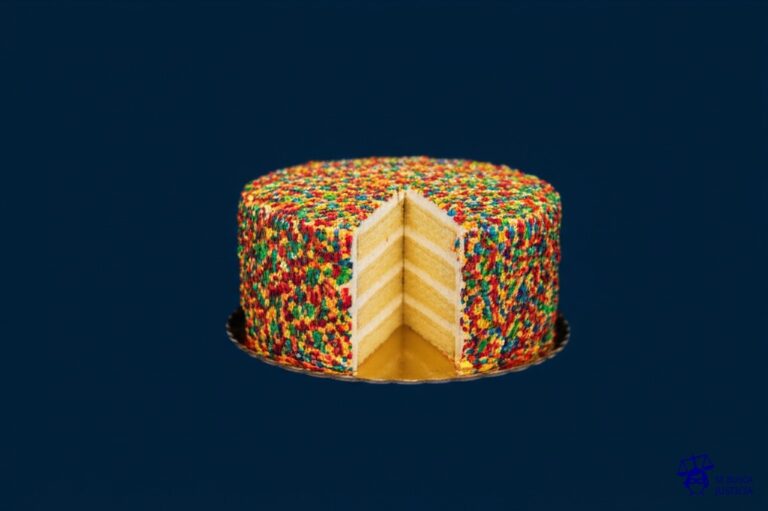 Un gran pastel con una cobertura exuberante y colorida, pero al cortarlo, el interior es un simple pan seco y sin relleno. Representa: Publicidad engañosa en productos o servicios