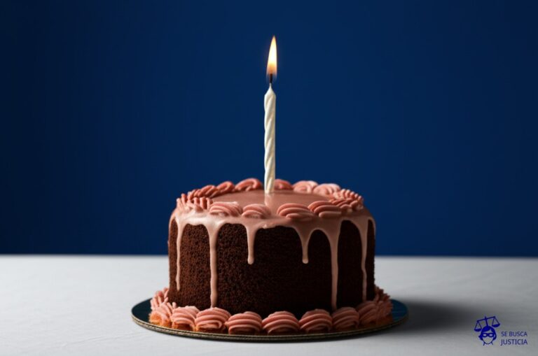 Un gran pastel de cumpleaños con una sola vela encendida, diminuta y casi imperceptible. Representa: Publicidad engañosa sobre promociones