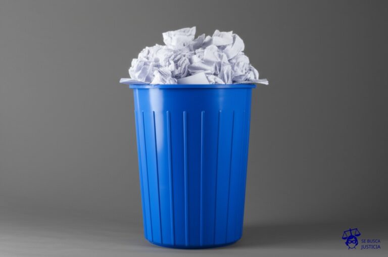 Un cubo de basura rebosante, con un montón de papeles arrugados saliendo por encima. Representa: Rechazo arbitrario de solicitudes administrativas