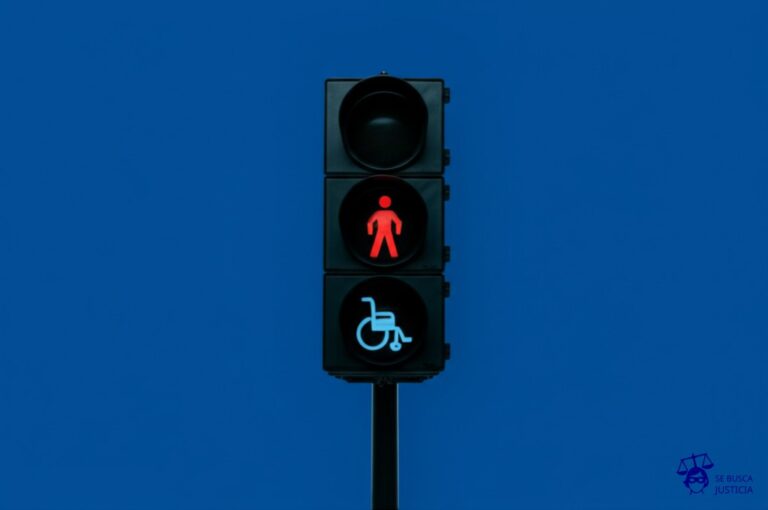Un **semáforo** con la **luz roja** encendida, mostrando la silueta de una **silla de ruedas** en la señal peatonal. Representa: Rechazo de adopción por falta de aptitud psicofísica