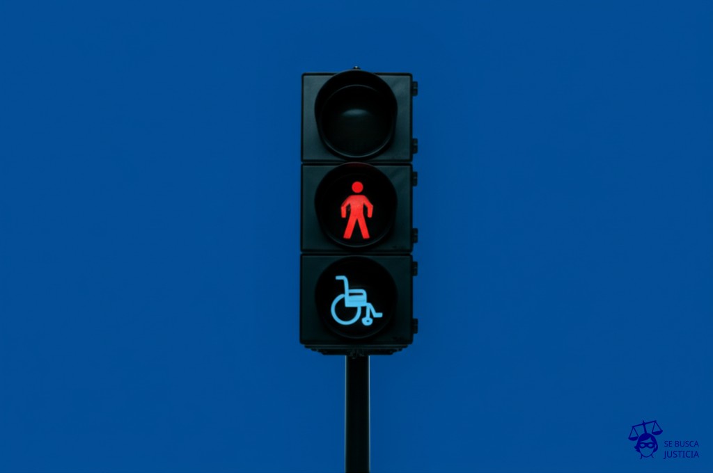 Un **semáforo** con la **luz roja** encendida, mostrando la silueta de una **silla de ruedas** en la señal peatonal. Representa: Rechazo de adopción por falta de aptitud psicofísica