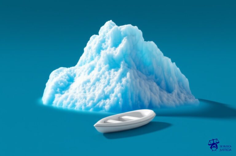 Un gran iceberg que se derrite lentamente, con un pequeño bote salvavidas (la oferta) flotando a su lado, completamente intacto. Representa: Rechazo de oferta de compra injustificado por el vendedor