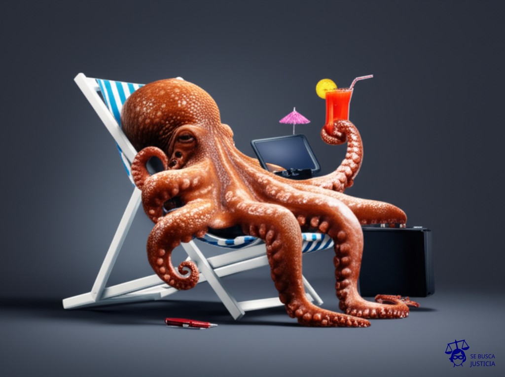 Un pulpo gigante con múltiples tentáculos, cada uno sujetando un objeto diferente (un bolígrafo, un micrófono, un maletín, etc.). El pulpo está sentado en una silla de playa, tomando una bebida con una sombrilla, con una expresión indiferente y relajada. Representa: Rechazo de responsabilidad por crímenes de guerra