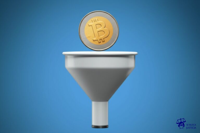 Un embudo que escupe una moneda de vuelta. Representa: Rechazo de transferencias interbancarias sin justificación