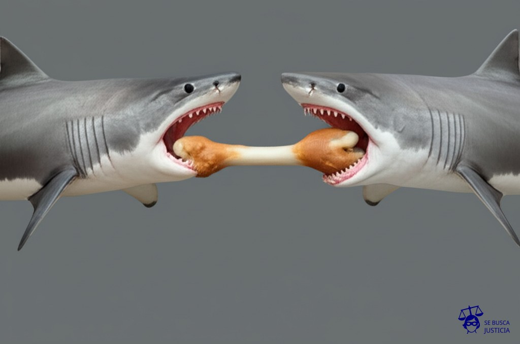 Un par de tiburones, con aspecto enfadado, mordisqueando vorazmente un hueso de pollo a medio roer, cada uno tirando en direcciones opuestas. Representa: Reclamo de alimentos entre cónyuges separados de hecho
