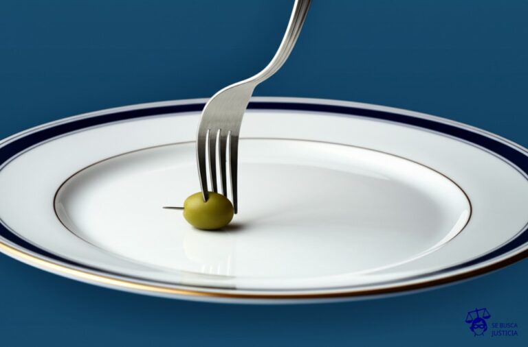 Un gran tenedor de plata, elegantemente servido, intentando desesperadamente pinchar una pequeña aceituna que rueda por un plato vacío. Representa: Reclamo de alimentos para el cónyuge enfermo o con discapacidad, que no puede valerse por sí mismo después del divorcio y requiere asistencia económica del ex cónyuge, si su situación lo permite.