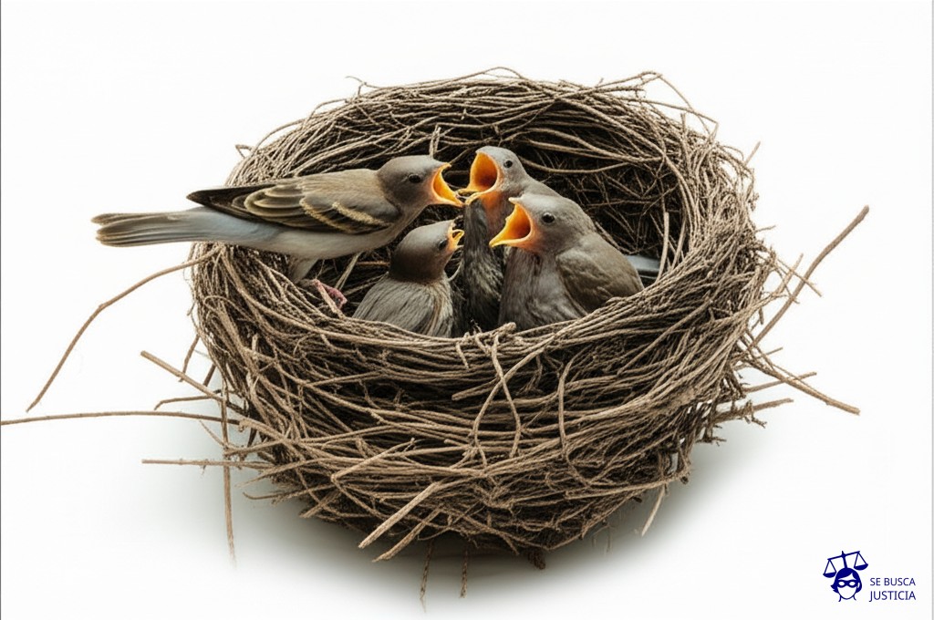 Un nido de pájaros. En el nido, los polluelos (adultos) son mucho más grandes que el nido y siguen con la boca abierta, esperando comida de los pájaros padres (pequeños y exhaustos). Representa: Reclamo de alimentos por hijos mayores de edad