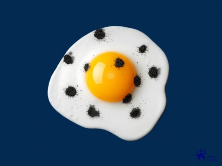 Un huevo frito con la yema deforme, en forma de pastilla, y salpicado con pequeñas manchas negras (simulando impurezas o falsificaciones). Representa: Reclamo por falsificación de productos farmacéuticos con patentes argentinas