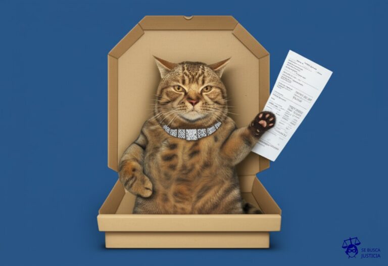 Un gato obeso, con un collar de diamantes, sentado en un trono improvisado con cajas de pizza vacías, extendiendo una garra hacia una cuenta de restaurante desmesurada. Representa: Reclamo por gastos extraordinarios no consensuados