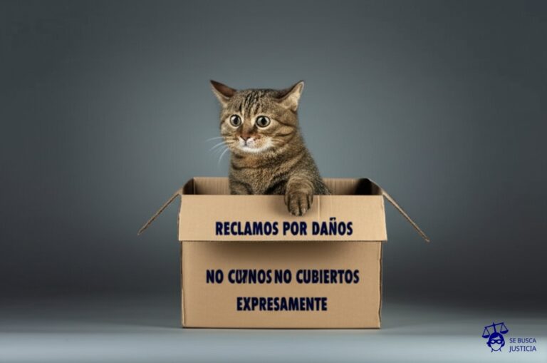 Un gato, con una expresión de incredulidad, intentando meterse en una caja de cartón que es visiblemente demasiado pequeña para él. Representa: Reclamos por daños no cubiertos expresamente