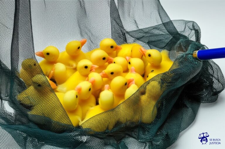 Una gran red de pesca con agujeros demasiado pequeños, arrastrando un grupo de pequeños patitos amarillos. Representa: Recolección de datos de menores sin el permiso de los tutores
