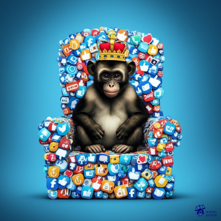 Un mono con una corona de rey, sentado en un trono hecho de me gusta de redes sociales. Representa: Reconocimiento de derechos de autor para tweets o publicaciones virales