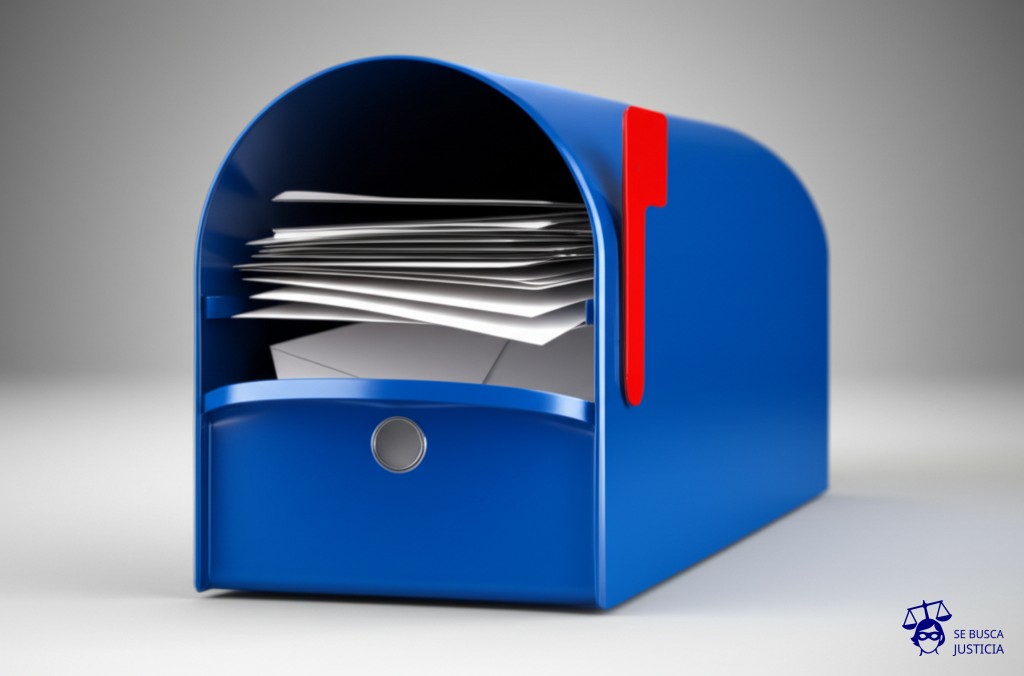 Un buzón de correo gigante, rebosante de cartas, con un agujero visible en la parte inferior por el que se escapan sigilosamente las cartas, dejando el buzón cada vez más vacío. Representa: Reducción de categoría laboral injustificada