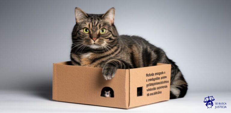 Un gato gordo y satisfecho, sentado cómodamente dentro de una caja de cartón con agujeros de ventilación, con un ratón pequeño y asustado asomando la cabeza por una rendija de la caja, intentando escapar. Representa: Refugio otorgado a perseguidos políticos violando convenios de extradición