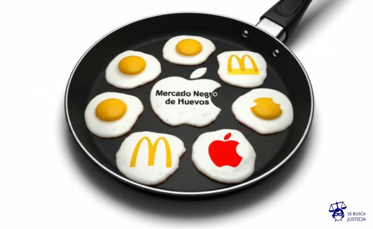Un grupo de huevos fritos, cada uno con la forma y el logotipo de una conocida marca (por ejemplo, un círculo amarillo para McDonalds, una manzana mordida para Apple), todos saliendo de una sartén con el nombre Mercado Negro de Huevos. Representa: Registro de dominios web que usurpan la identidad de marcas registradas
