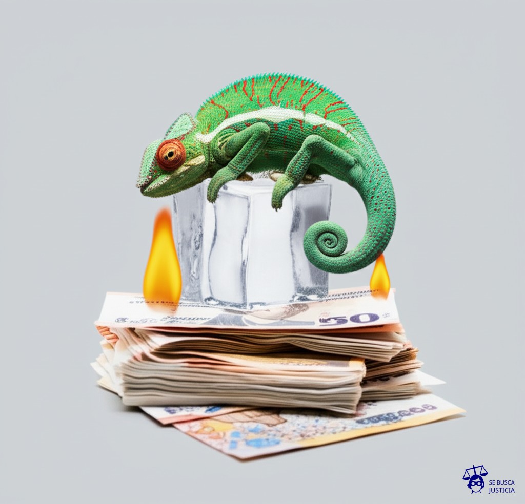 Un camaleón, con una pata en un cubo de hielo y la otra en una llama, ambos en equilibrio inestable sobre una pila de billetes de banco. Representa: Registro de marcas con elementos engañosos o que inducen a error