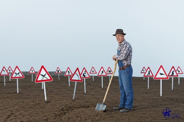 Un granjero plantando un montón de señales de Prohibido el paso en un campo vacío, sin sembrar nada. Representa: Registro de marcas para impedir la competencia sin intención de uso real