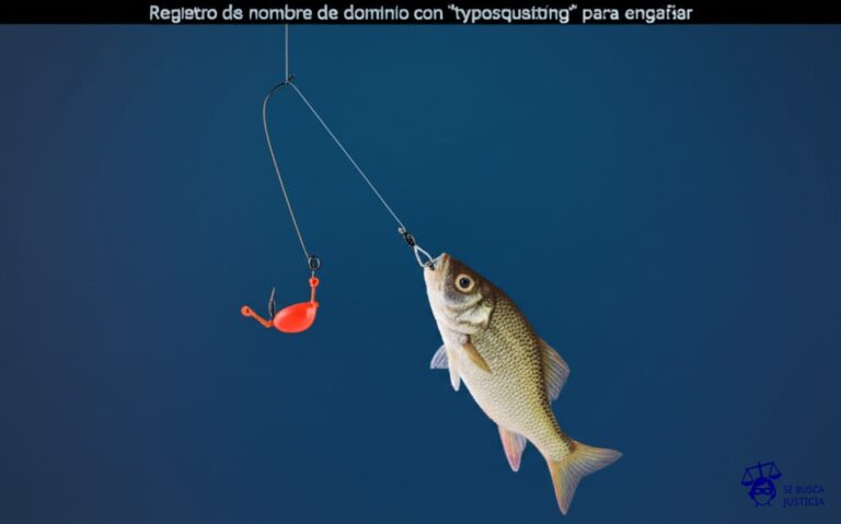 Un anzuelo de pesca con el cebo ligeramente desalineado, atrayendo a un pez pequeño con un ojo bizco. Representa: Registro de nombre de dominio con "typosquatting" para engañar