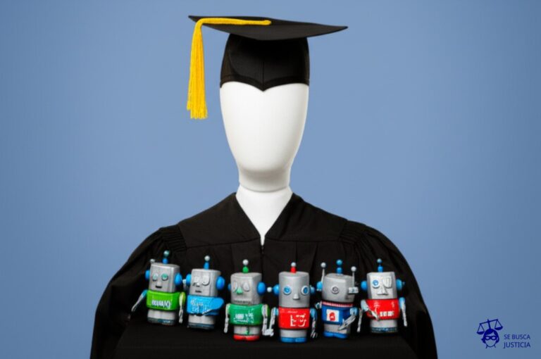 Un maniquí con un sombrero de graduación, rodeado de estatuillas de robots de juguete, todos posando para una foto de grupo. Representa: Registro de obras por inteligencia artificial como autores ficticios