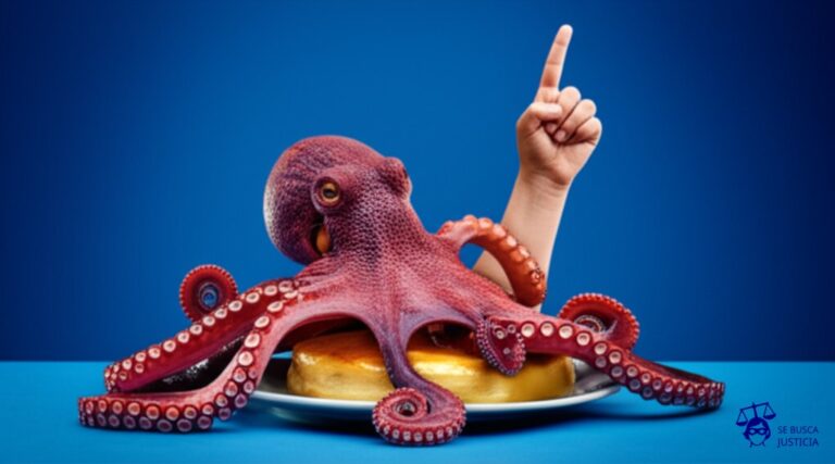 Un pulpo con ocho tentáculos, cada uno intentando agarrar un mismo pastel, pero ya hay una mano humana (con un solo dedo levantado en señal de ¡No!) sobre el pastel. Representa: Registro de una marca que infringe derechos de un nombre comercial ya conocido