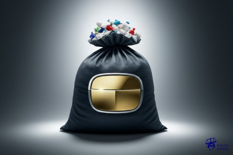 Un gran saco de basura rebosante con la forma de un logotipo brillante y pulido, con el saco a punto de reventar por la cantidad de basura. Representa: Registro fraudulento de marcas