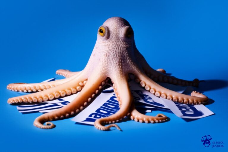 Un pulpo con el cuerpo de una marca conocida, intentando esconderse torpemente detrás de una pila de copias idénticas de sí mismo, todas ligeramente descoloridas y de peor calidad. Representa: Registro fraudulento de una marca ya existente en otro país