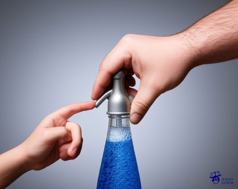 Un par de manos, una grande y robusta (la del antiguo socio), intentando desesperadamente tapar con un embudo la salida de un sifón de soda que expulsa burbujas (las patentes). La otra mano, más pequeña y delicada (la del socio original), observa con una expresión de fastidio y resignación. Representa: Registro indebido de patentes por antiguos socios comerciales