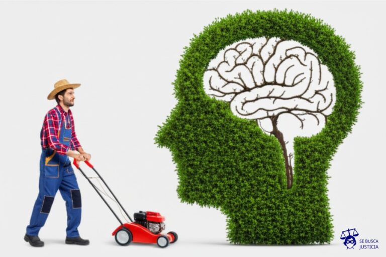 Un granjero con un sombrero de paja, usando una podadora gigante para dar forma a un arbusto que tiene la forma de un cerebro. Representa: Regulación de la IA sobre la originalidad y autoría