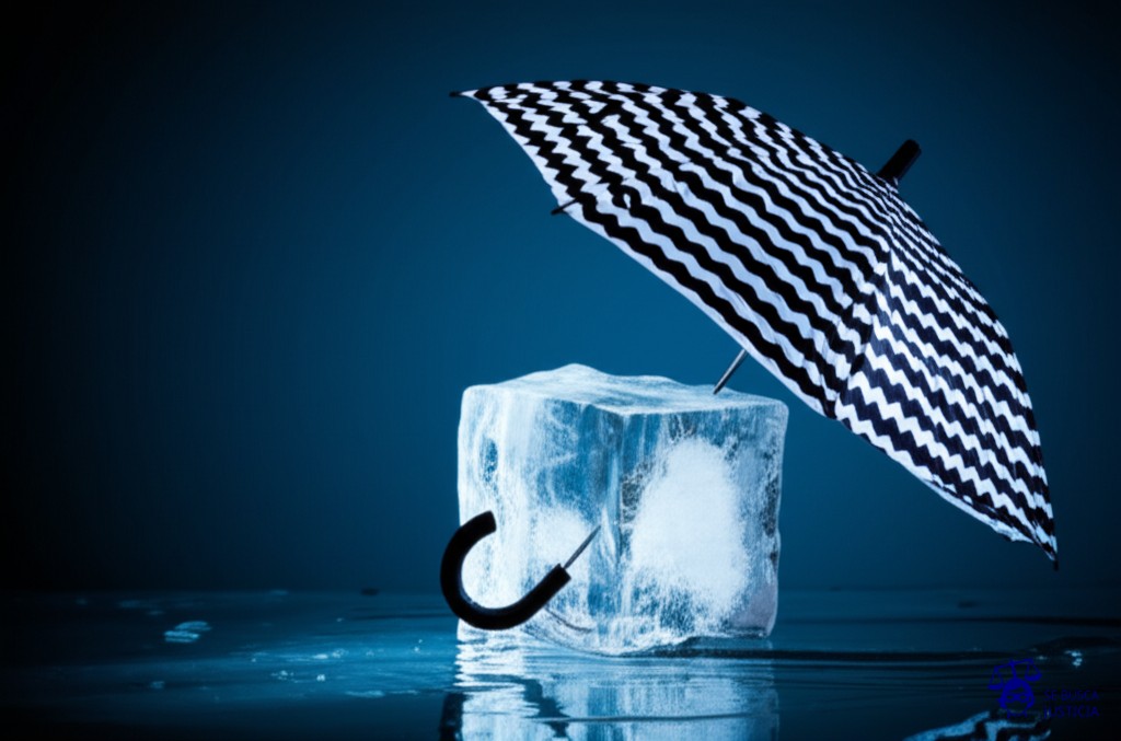 Un cubo de hielo gigante, agrietado y a punto de derretirse, sostenido precariamente por un pequeño paraguas abierto. Representa: Reparaciones urgentes no realizadas por el dueño