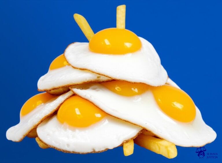 Un montón de huevos fritos idénticos, apilados torcidamente unos sobre otros, con un par de patatas fritas pegadas como antenas a la pila. Representa: Reproducción no autorizada de obras arquitectónicas