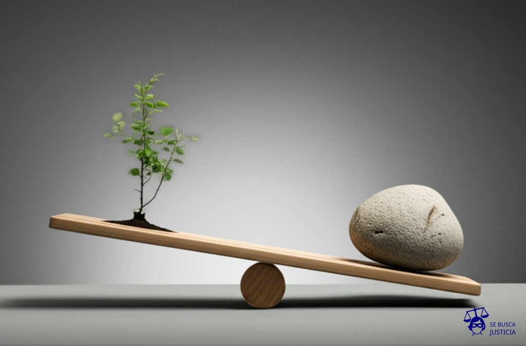 Un balancín. En un lado, un diminuto arbolito raquítico. En el otro, una gran roca. Representa: Resoluciones en casos de delitos ambientales