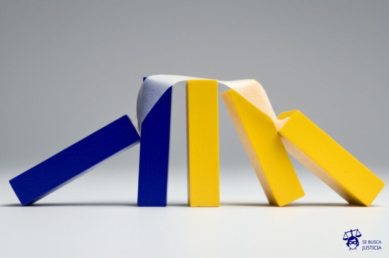 Un gran dominó (el conductor) a punto de caer, y un dominó pequeño (el acompañante) pegado con cinta adhesiva a su lado, también a punto de caer, pero con la cinta a punto de romperse. Representa: Responsabilidad civil del acompañante