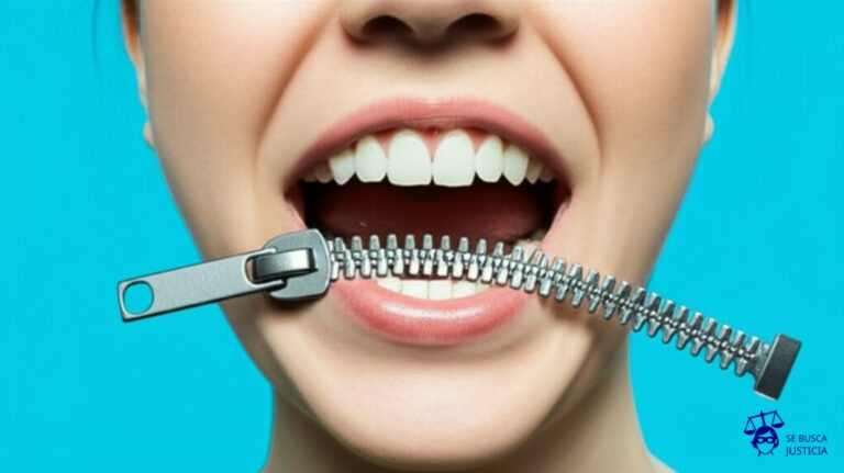 Una gran boca abierta, lista para hablar, con una cremallera enorme cosida sobre ella. Representa: Restricción al derecho a la libertad de prensa