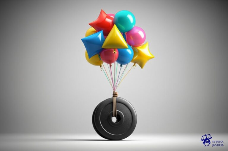 Un grupo de globos, cada uno con una forma diferente (cuadrado, triángulo, etc.), atados con cuerdas de distintos tamaños y materiales a una única y enorme pesa de gimnasio. Representa: Restricciones arbitrarias al derecho de asociación