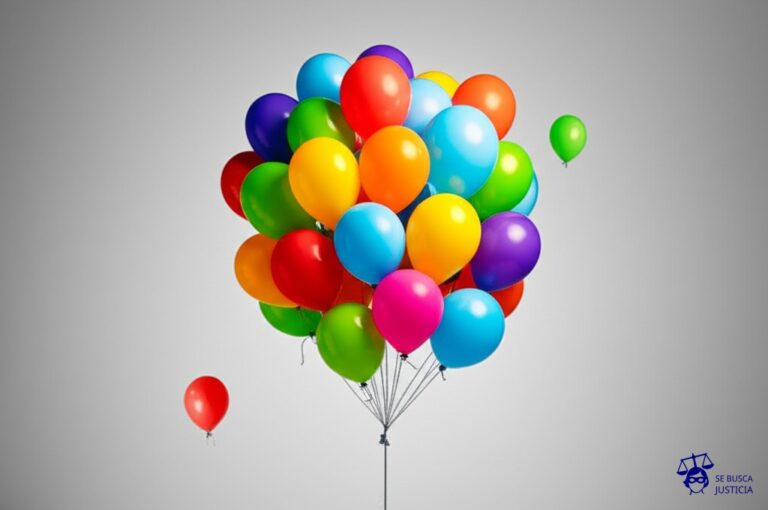 Un gran grupo de globos (representando personas) intentando volar juntos, pero atados por una cuerda invisible que los limita a moverse solo en un pequeño círculo, mientras un solo globo más pequeño (representando la autoridad) flota libremente en el cielo. Representa: Restricciones arbitrarias al derecho de reunión pacífica
