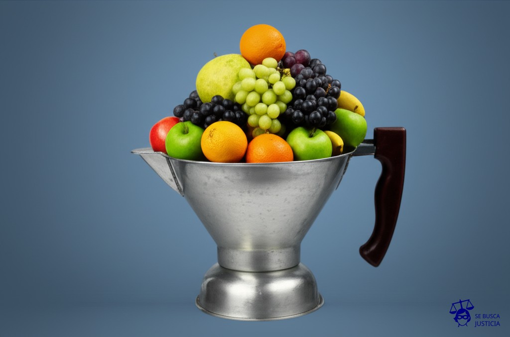 Un gran embudo, oxidado y taponado con un colador lleno de frutas. Representa: Restricciones comerciales por medidas sanitarias