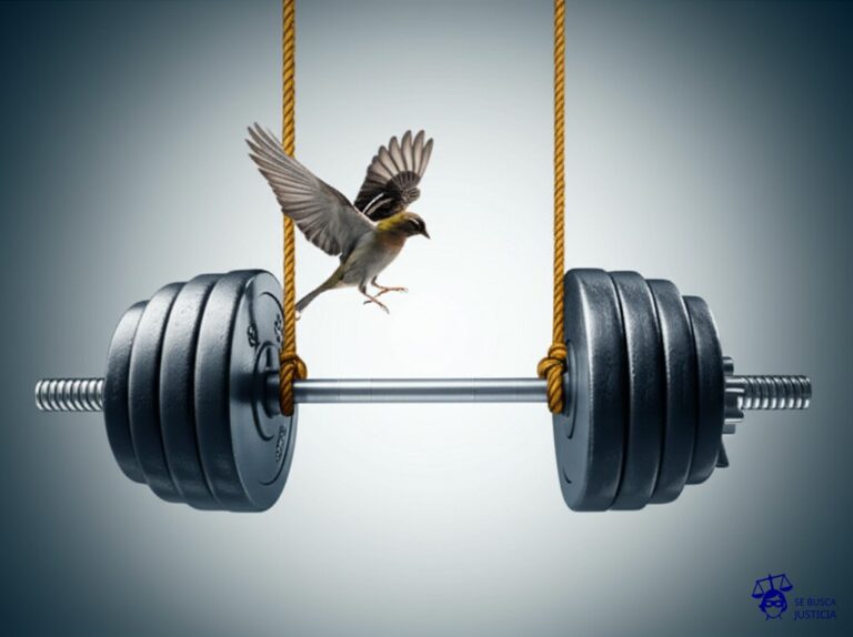 Un pequeño pájaro (símbolo de libertad) intentando volar, pero atado a una enorme y pesada pesa de gimnasio. Representa: Restricciones desproporcionadas al derecho a la libertad religiosa