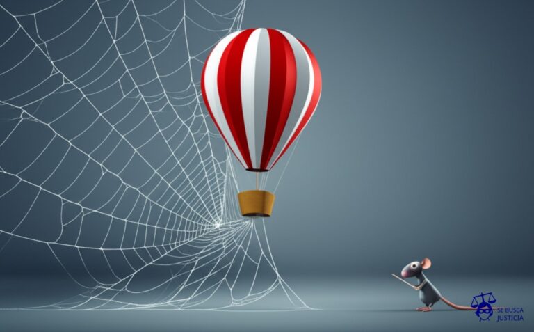 Un pequeño globo aerostático (empresa) atascado en una telaraña gigante y grotesca (burocracia), con un diminuto ratón (el emprendedor) intentando desesperadamente cortar la telaraña con un mondadientes. Representa: Restricciones injustificadas a la libertad de empresa por actos administrativos