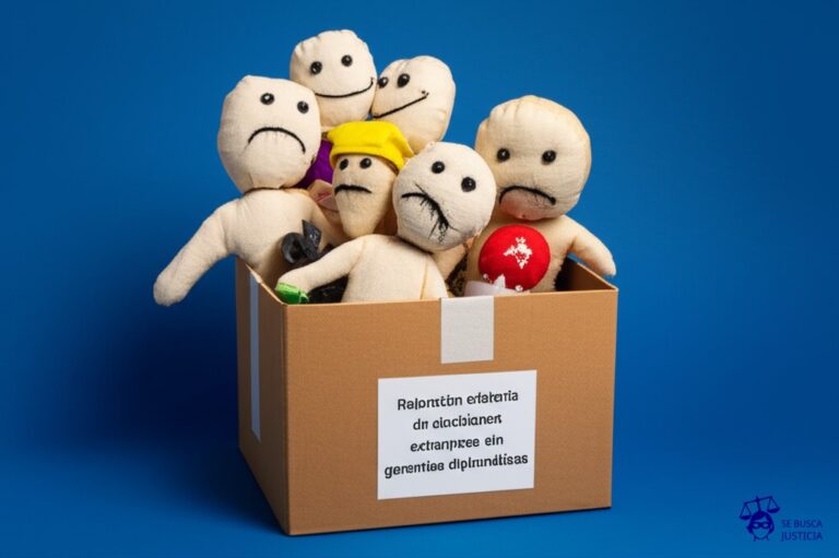 Un grupo de muñecos de trapo idénticos, con expresiones neutras, apilados desordenadamente dentro de una caja de cartón genérica, con la tapa cerrada y cinta adhesiva. Representa: Retención arbitraria de ciudadanos extranjeros sin garantías diplomáticas